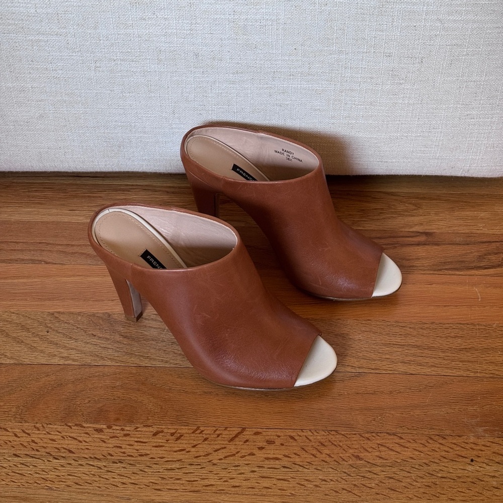 French Connection Randy Peep Toe Mules‎ Cognac Heel Size 8.5